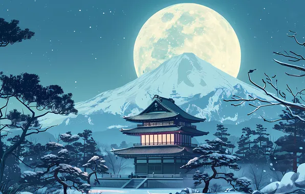 Japan, night, mountain, temple, Fuji