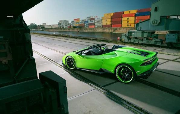 Картинка car, небо, green, Lamborghini, порт, автомобиль, Spyder, контейнеры
