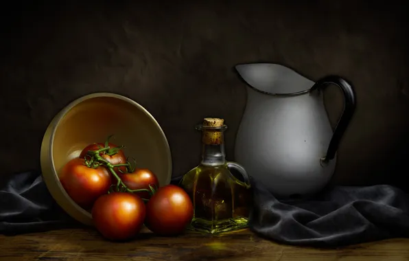 Масло, кувшин, натюрморт, помидоры, томаты