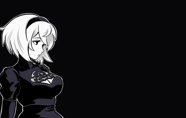 Short hair, big boobs, black dress, white hair, bangs, headband, Nier Automata, long sleeves