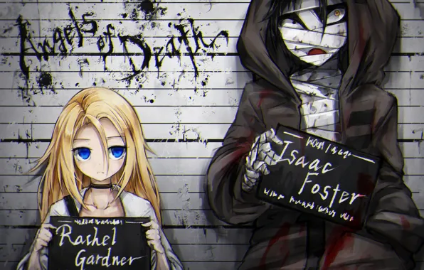 Девушка, фото, фон, таблички, парень, Ангел кровопролития, Satsuriku no Tenshi