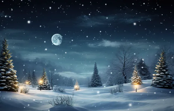 Зима, снег, украшения, ночь, lights, елки, Новый Год, Рождество