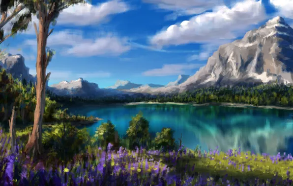 Картинка облака, деревья, цветы, горы, природа, озеро, арт