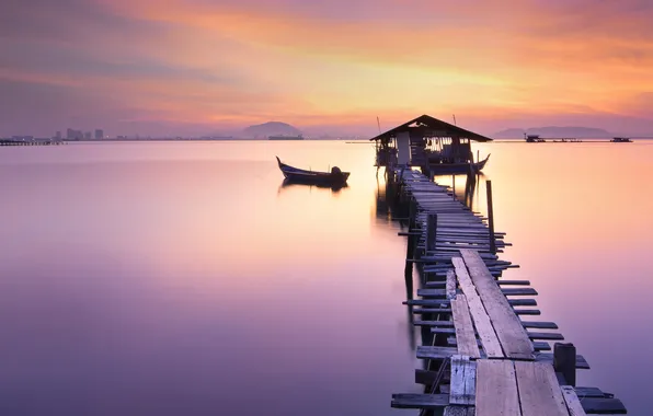 Sea, sunset, dock, canoe