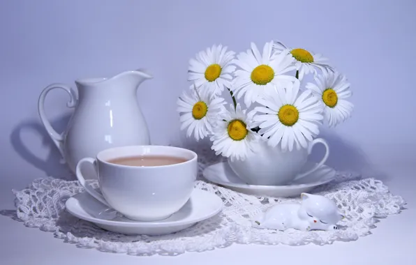 Кофе, ромашки, кувшин, camomiles, bouquets