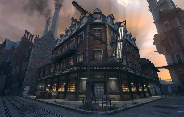 City, город, улица, игра, арт, Dishonored, Дануолл, паб