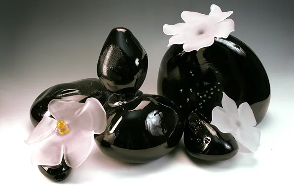 Стекло, цветы, хрусталь, чёрные камни, Гусь-Хрустальный, декоративная компазиция