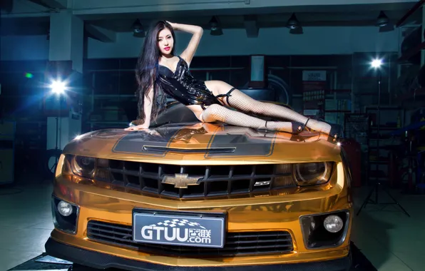 Машина, авто, девушка, модель, азиатка, автомобиль, korean model, chevrolet Camaro