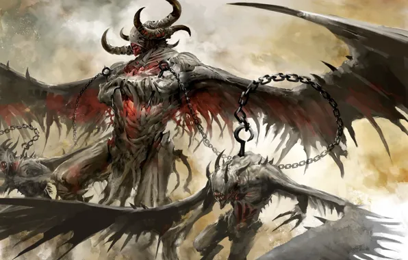 Картинка крылья, цепь, рога, Guild Wars 2, демоны, крюк