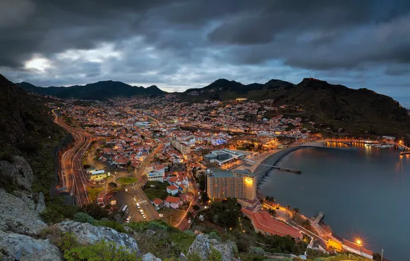Горы, побережье, панорама, залив, Португалия, ночной город, Мадейра, Portugal