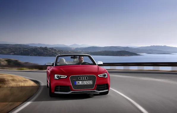 Дорога, Audi, Вода, Озеро, Кабриолет, Ветер, День, Водитель