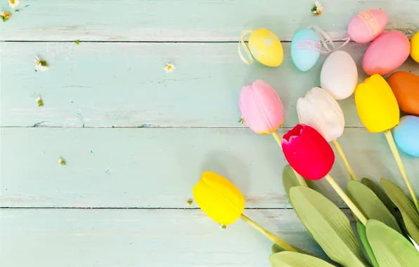 Картинка цветы, яйца, весна, colorful, Пасха, тюльпаны, wood, pink