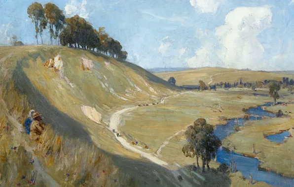 Деревья, пейзаж, река, картина, склон, Элберт Генри Фуллвуд, Albert Henry Fullwood, Долина Сомма