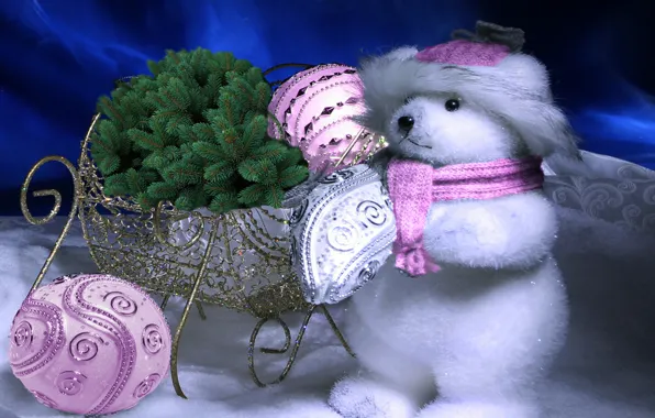 Картинка снег, игрушки, новый год, ель, белый медвежонок