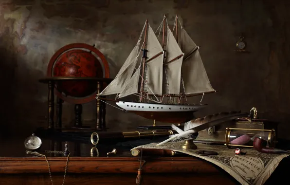 Картинка корабль, карта, парусник, натюрморт, глобус, история, Меркатор, Натюрморт с парусным кораблем