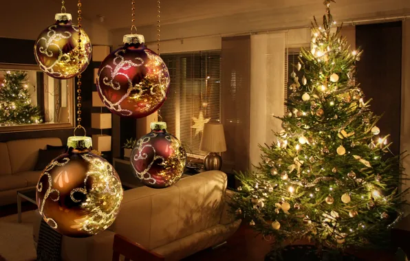 Картинка украшения, lights, огни, елка, интерьер, Новый год, new year, merry christmas