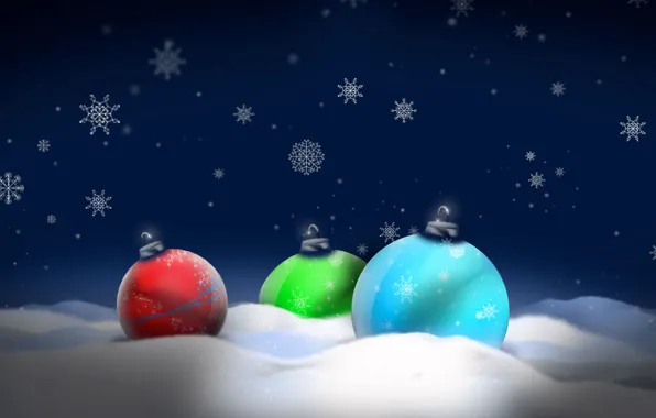 Картинка снег, шары, новый год, новогодние игрушки