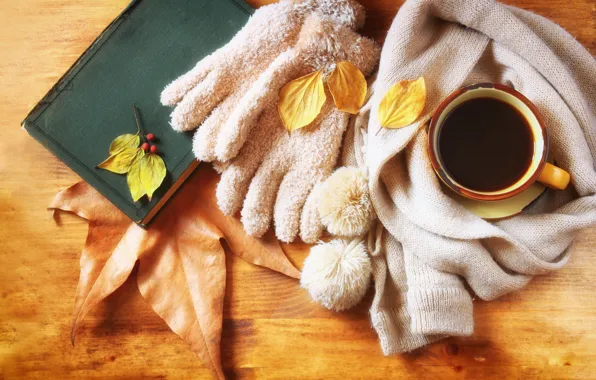 Картинка осень, листья, кофе, шарф, чашка, hot, autumn, leaves