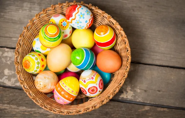 Картинка корзина, colorful, Пасха, happy, wood, spring, Easter, eggs