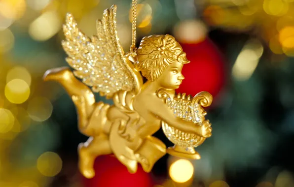 Картинка золото, праздник, новый год, ангел, арфа, позолота, new year, крылышки