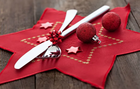 Картинка красный, фон, праздник, обои, игрушки, новый год, шар, нож