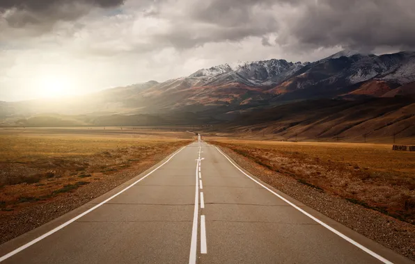 Road, sky, landscape, mountains, sun, way, drive, empty