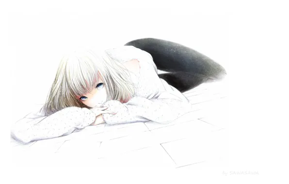 Рисунок, девочка, голубые глаза, лежит на полу, белая блузка, by Sawasawa