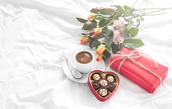 Розы, конфеты, love, heart, romantic, chocolate, gift, coffee