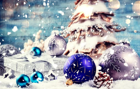 Картинка зима, снег, украшения, шары, елка, Новый Год, Рождество, Christmas