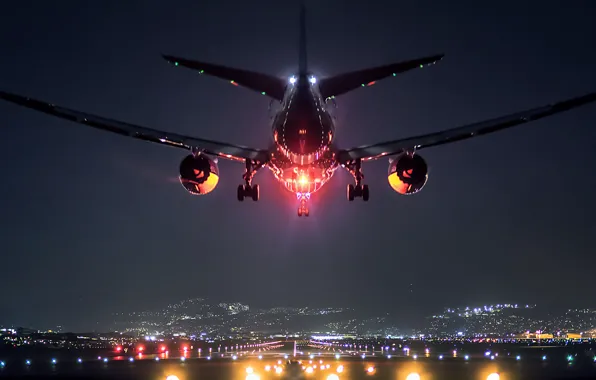 Картинка пейзаж, огни, самолет, Япония, аэропорт, Осака, Boeing 787