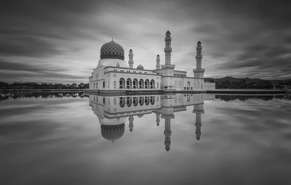 Облака, отражение, зеркало, Мечеть, Малайзия, Likas Бэй, Сабах, Кота-Кинабалу Мечеть