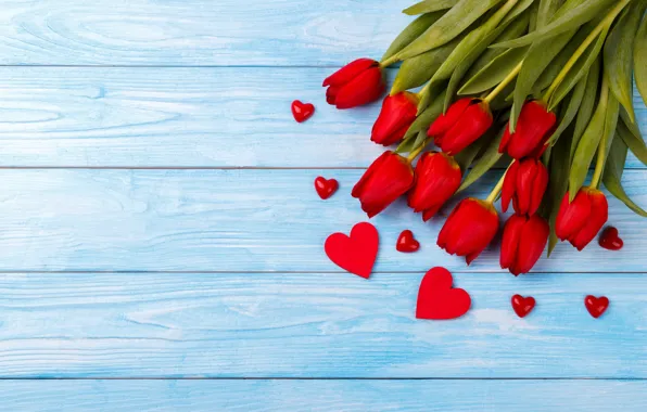Картинка любовь, букет, сердечки, тюльпаны, красные, red, love, wood
