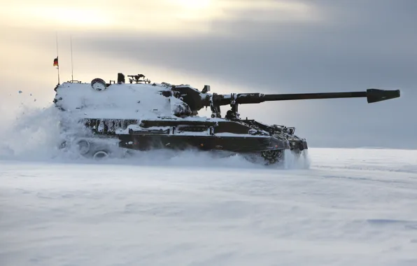 Картинка Зима, Германия, Снег, Winter, САУ, Panzerhaubitze 2000, Сбоку, Самоходная гаубица