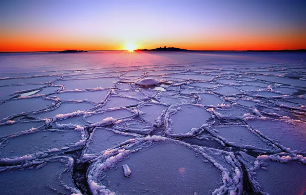Картинка зима, небо, солнце, лучи, закат, озеро, лёд