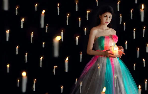 Взгляд, девушка, свечи, азиатка