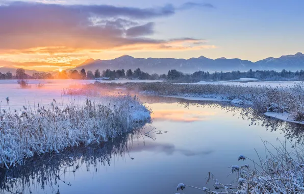 Картинка зима, закат, горы, река, Германия, Бавария, Уффинг-ам-Штаффельзе
