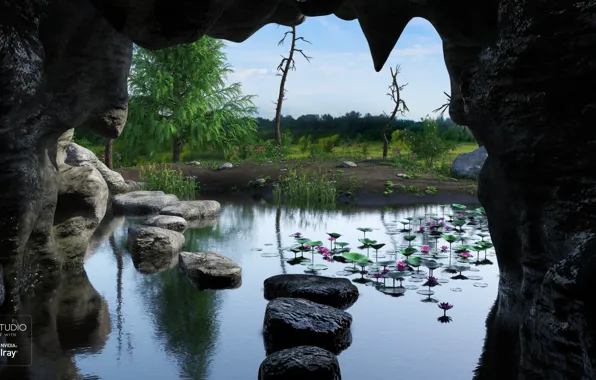Картинка камни, берег, пещера, водоём, Grotto