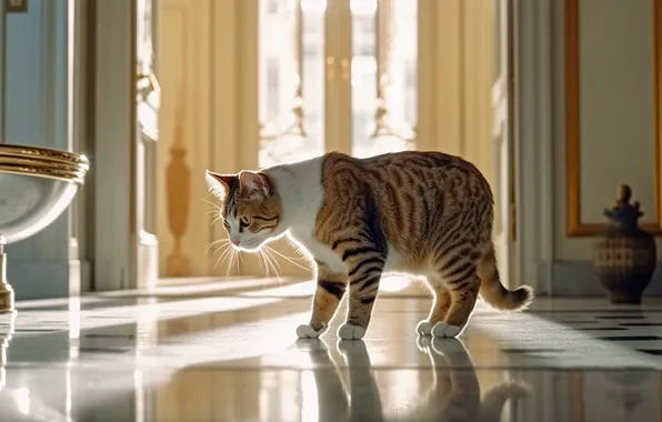 Кошка, кот, взгляд, свет, поза, отражение, комната, окно
