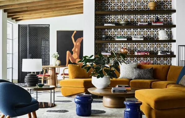 Дизайн, интерьер, Калифорния, гостиная, Interior Design, столовая, мягкая мебель, Old Las Palmas
