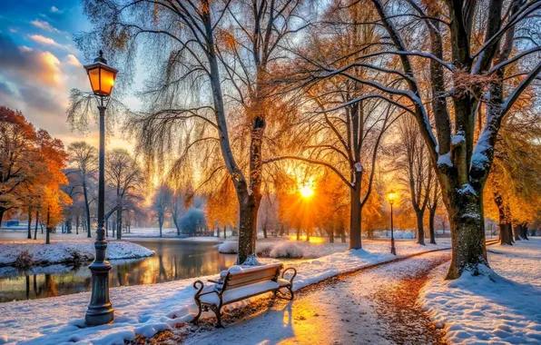 Снег, деревья, закат, скамейка, парк, река, дорожка, фонарь