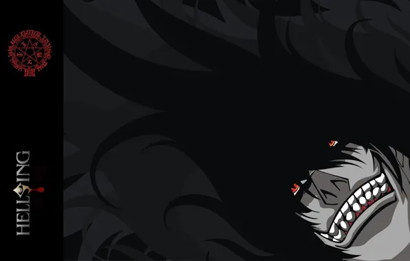 Зубы, вампир, Hellsing, красные глаза, пентаграмма, безумие, Alucard, растрепанные волосы