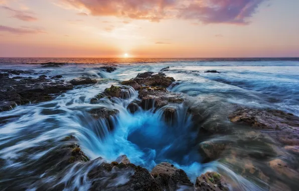 Картинка камни, океан, вечер, Гавайи, США, потоки, Каилуа-Кона