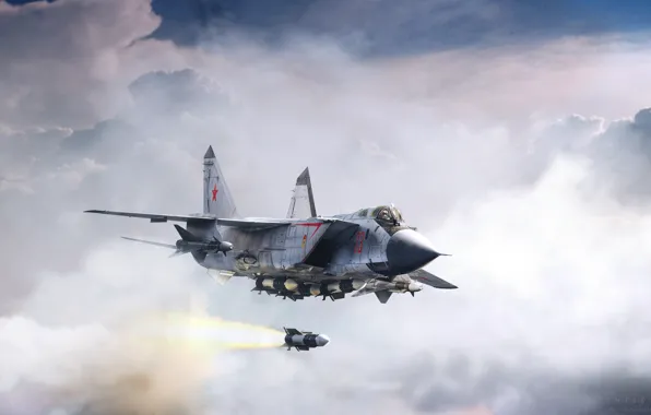 Картинка облака, истребитель, полёт, by ABiator, Александр Ярцев, МиГ-31Б, зверь с востока, Beast from east