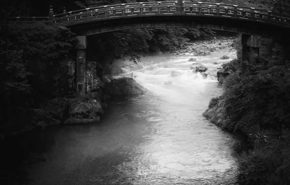 Картинка river, trees, bridge, stones, black and white pictures