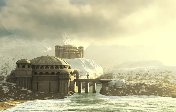 House, river, sky, water, mountains, clouds, snow, byzantium worlds