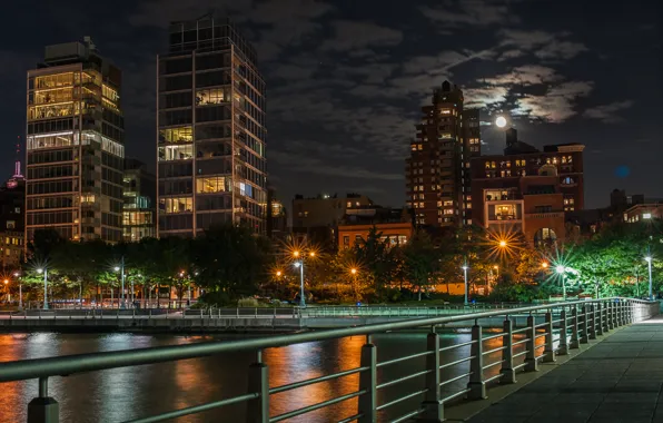 Картинка небо, ночь, мост, луна, здания, Нью-Йорк, moon, USA