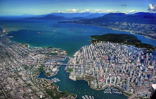 Картинка здания, сверху, залив, Ванкувер