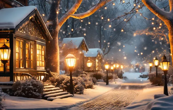 Картинка зима, снег, деревья, скамейка, ночь, lights, улица, фонари