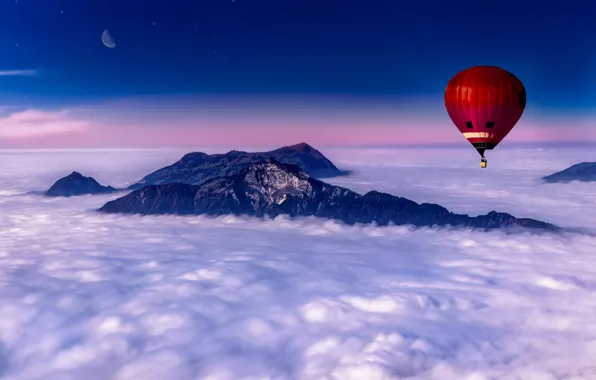 Облака, закат, горы, воздушный шар, Швейцария, Альпы