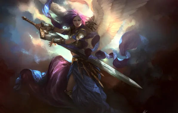 Девушка, крылья, меч, арт, Akroma, Angel of Calm